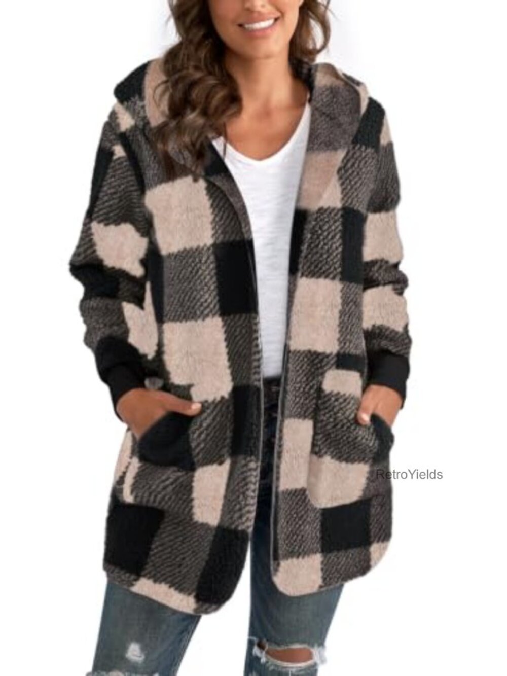 Womens Oversized Sherpa Fleece Hooded Cardigan Coat Open Front Long Sweater
